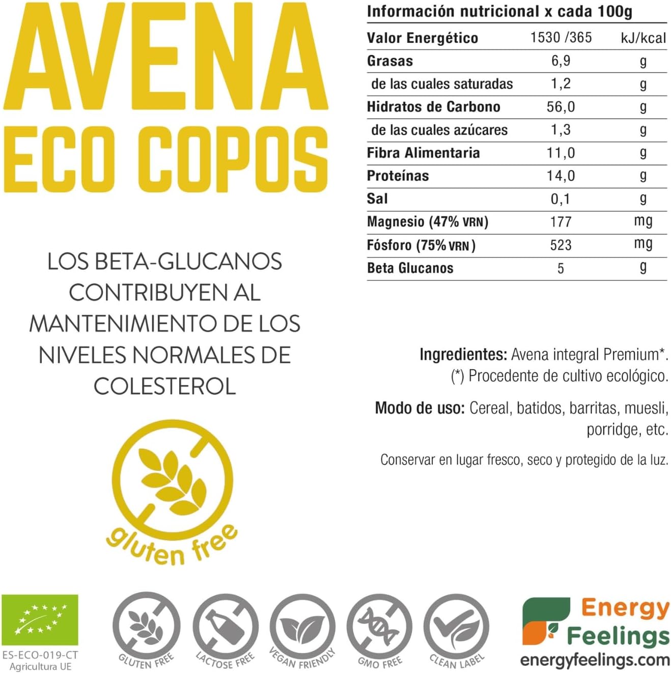 Copos de avena sin gluten Energy Feelings 1Kg BIO - Imagen 2