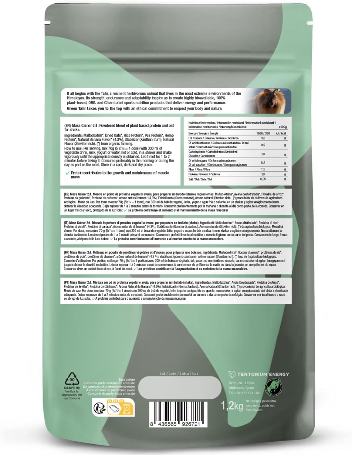 Mass gainer 2:1 sabor banana Green Tahr 1,2Kg BIO - Imagen 2