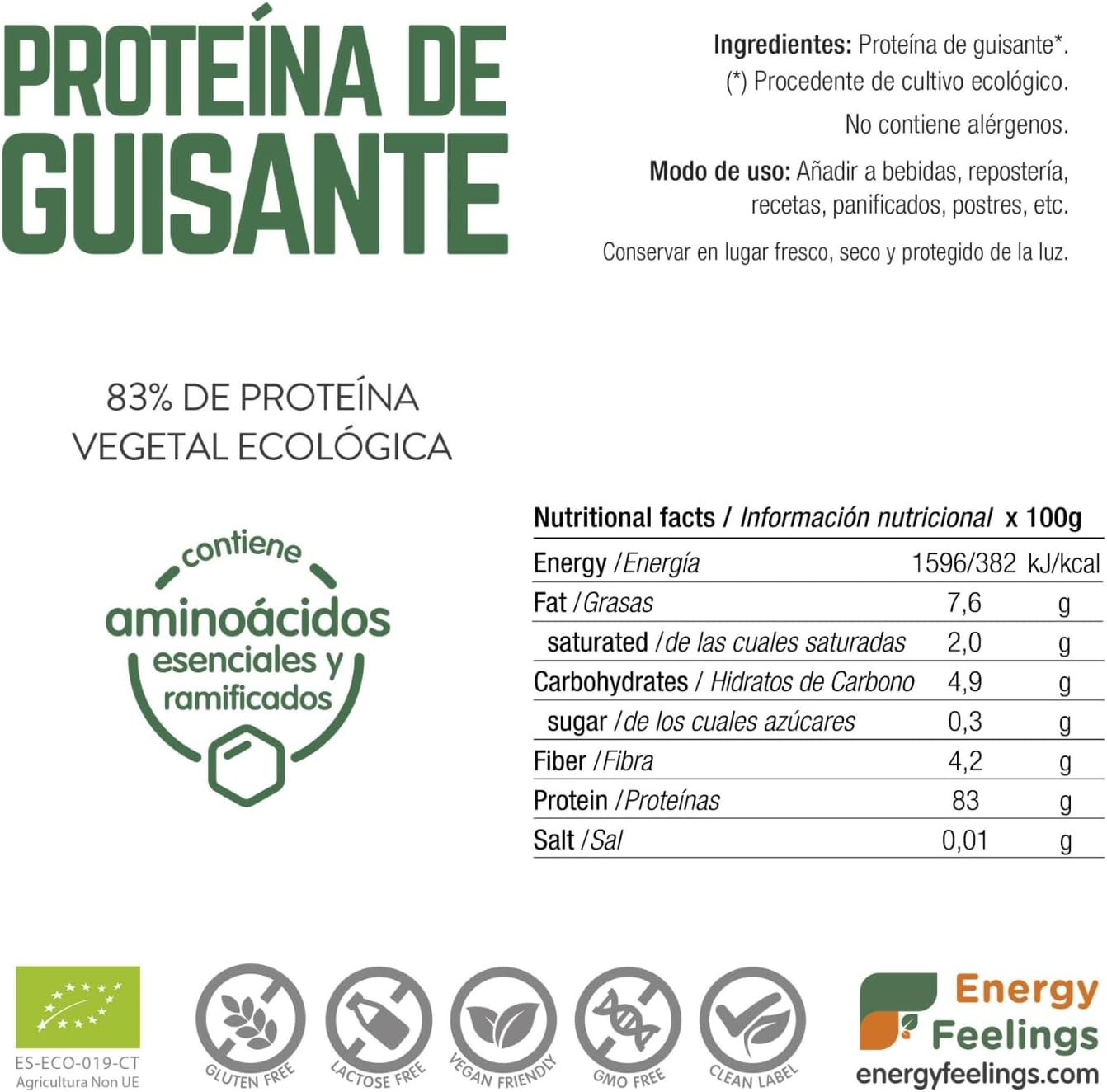 Proteína de guisante Energy Feelings 1Kg BIO - Imagen 2