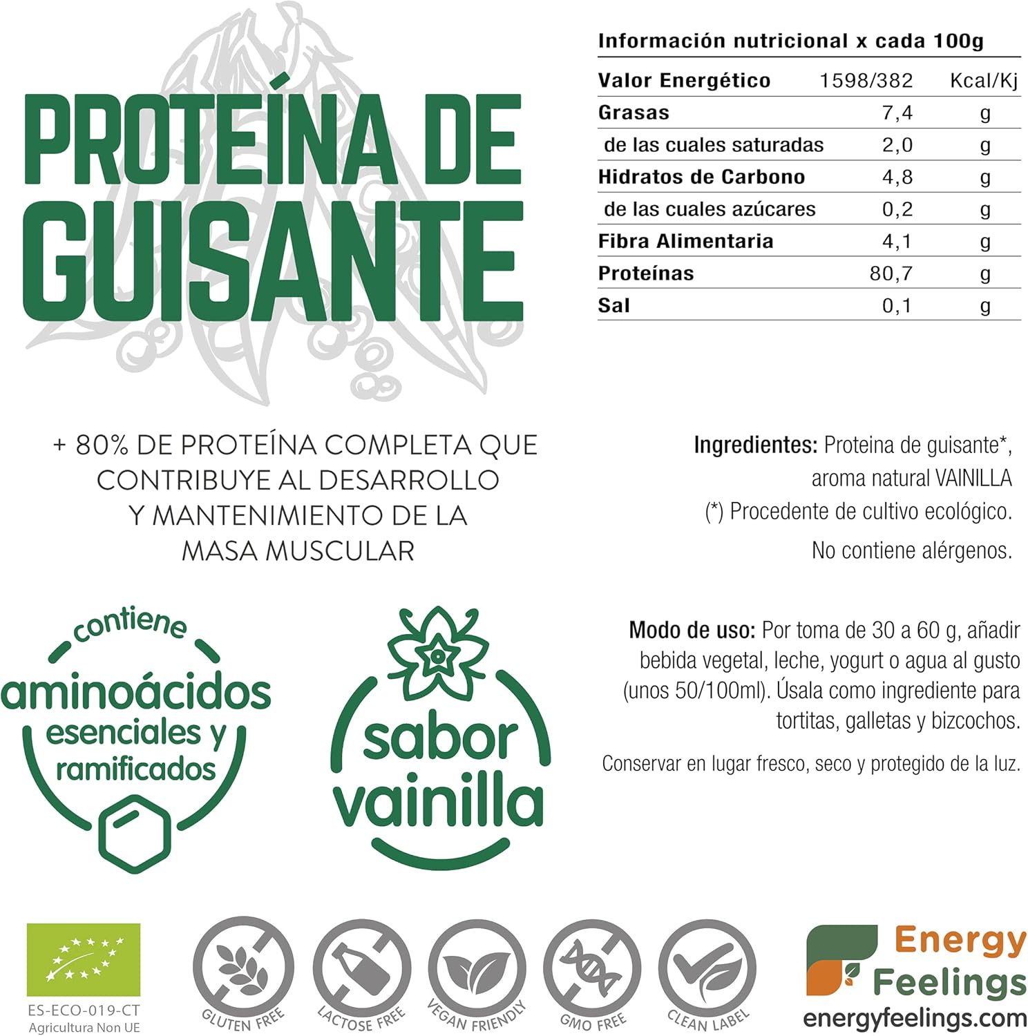 Proteína de guisante sabor vainilla Energy Feelings 1Kg BIO - Imagen 2
