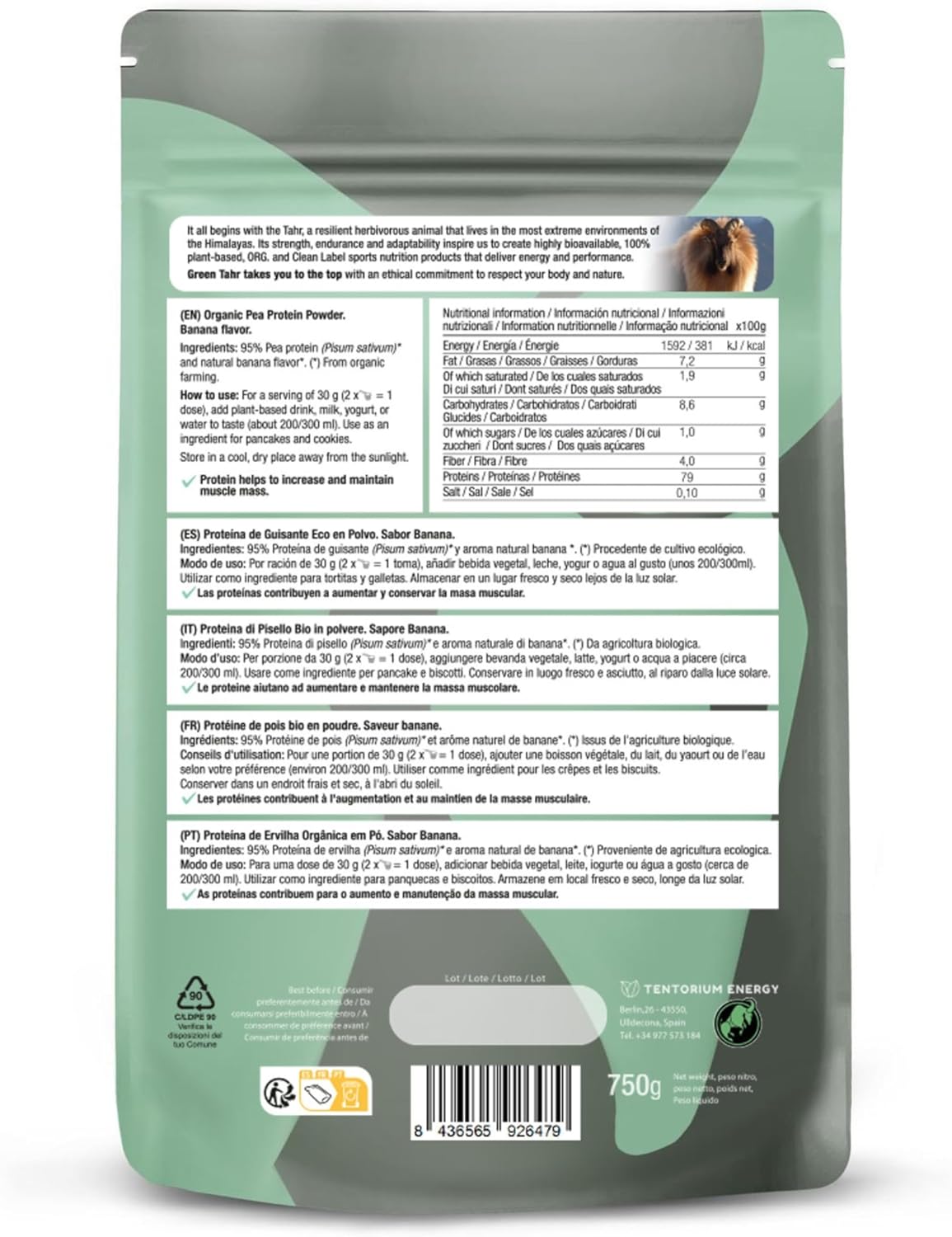 Proteína de guisante sabor banana Green Tahr 750g BIO - Imagen 2