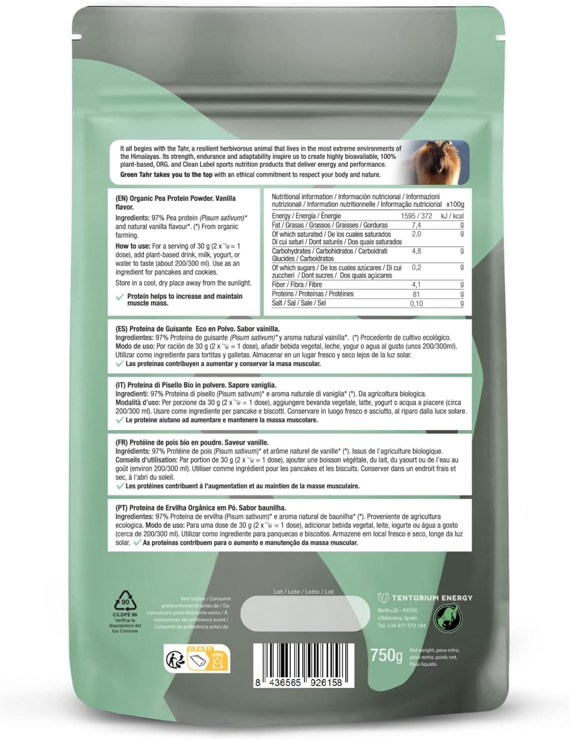 Proteína de guisante sabor vainilla Green Tahr 750g BIO - Imagen 2