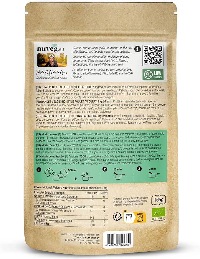 Tiras veggie estilo pollo al curry Nuveg 165g BIO - Imagen 2