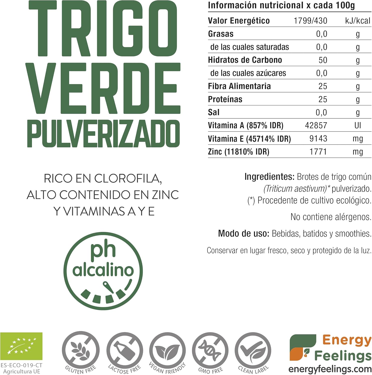 Trigo verde pulverizado Energy Feelings 1Kg BIO - Imagen 2